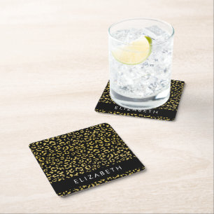 Leopard Print, Gold Leopard, Glitter, Your Name Square Paper Coaster