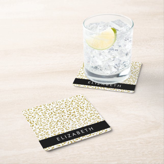 Leopard Print, Gold Leopard, Glitter, Your Name Square Paper Coaster (Insitu)