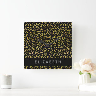 Leopard Print, Gold Leopard, Glitter, Your Name Square Wall Clock