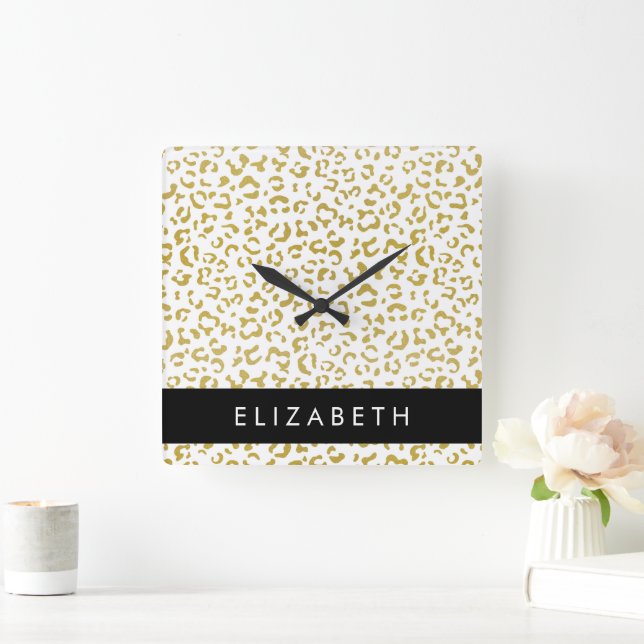 Leopard Print, Gold Leopard, Glitter, Your Name Square Wall Clock (Home)