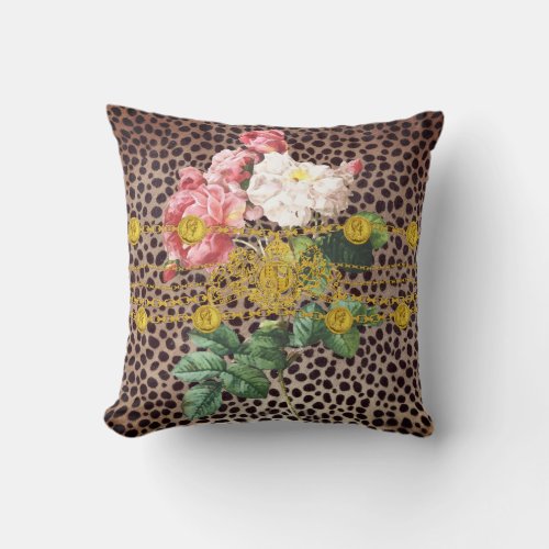 Leopard Print Gold Lion Emblem Chain Rose Floral Throw Pillow