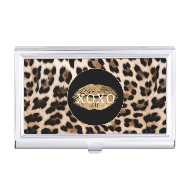 Leopard Print Gold Lips XOXO Business Card Case (Front)
