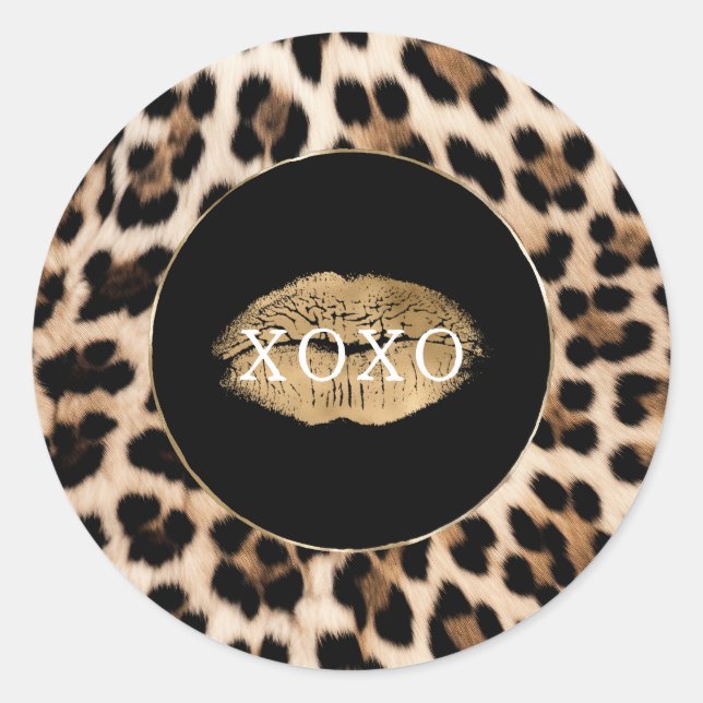 Leopard Print Gold Lips XOXO Classic Round Sticker (Front)