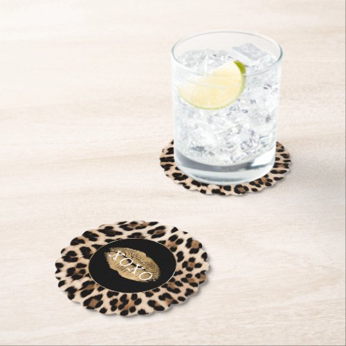 Leopard Print Gold Lips XOXO Paper Coaster