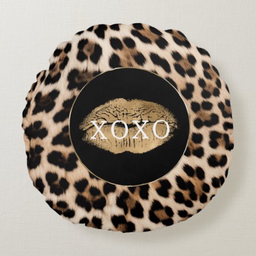Leopard Print Gold Lips XOXO Round Pillow