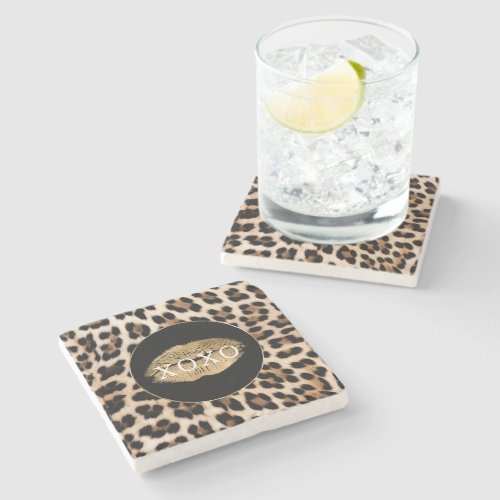 Leopard Print Gold Lips XOXO Stone Coaster