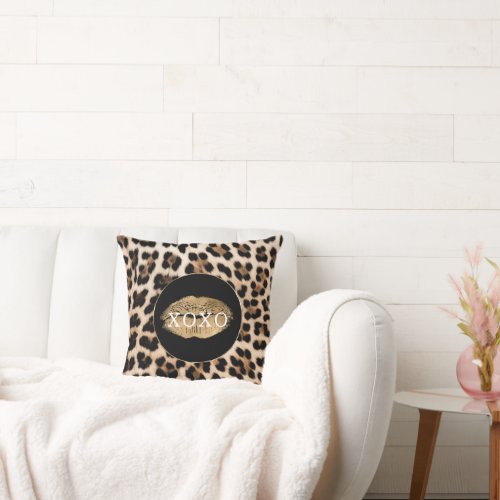 Leopard Print Gold Lips XOXO Throw Pillow