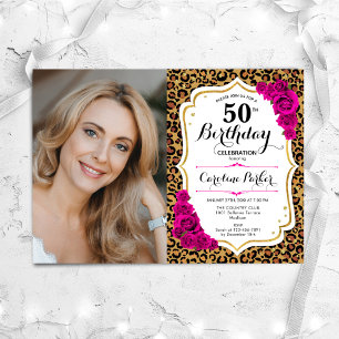 Leopard Print Gold Pink Photo 50th Birthday Invitation