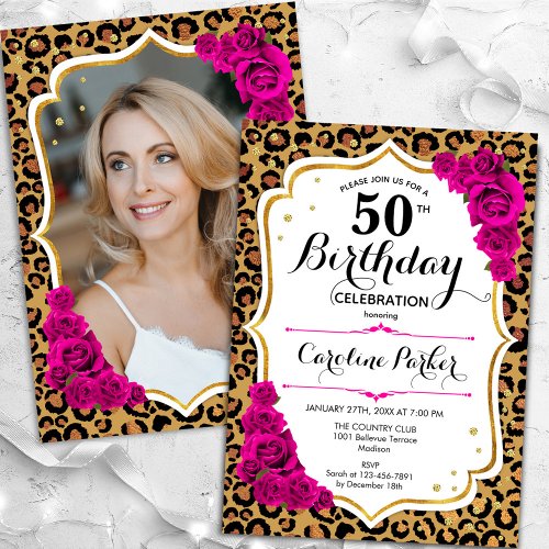 Leopard Print Gold Pink Photo 50th Birthday Invitation