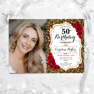 Leopard Print Gold Red Photo 50th Birthday Invitation