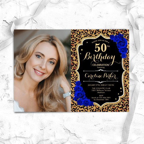 Leopard Print Gold Royal Blue Photo 50th Birthday Invitation