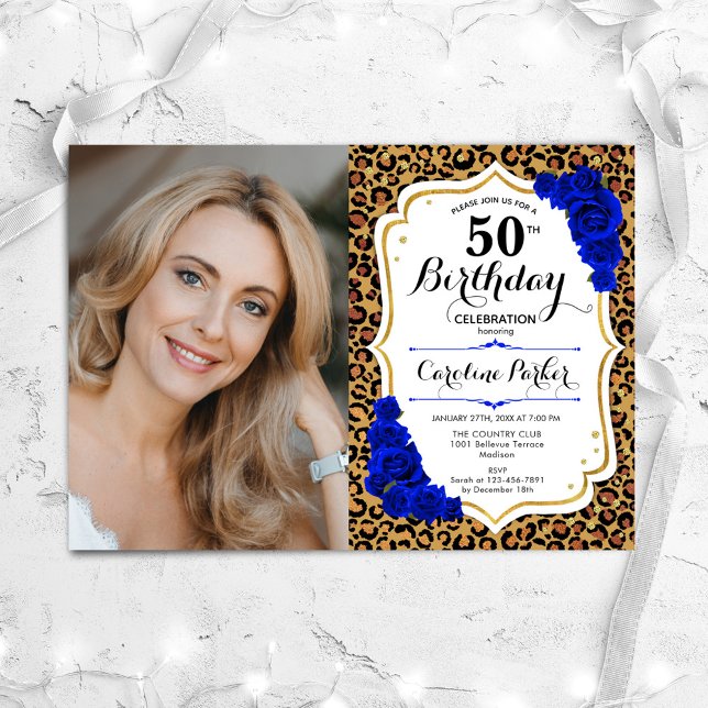 Leopard Print Gold Royal Blue Photo 50th Birthday Invitation (Creator Uploaded)