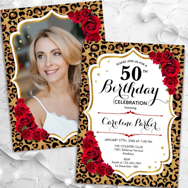 Leopard Print Gold White Photo 50th Birthday Invitation (Creator Uploaded)