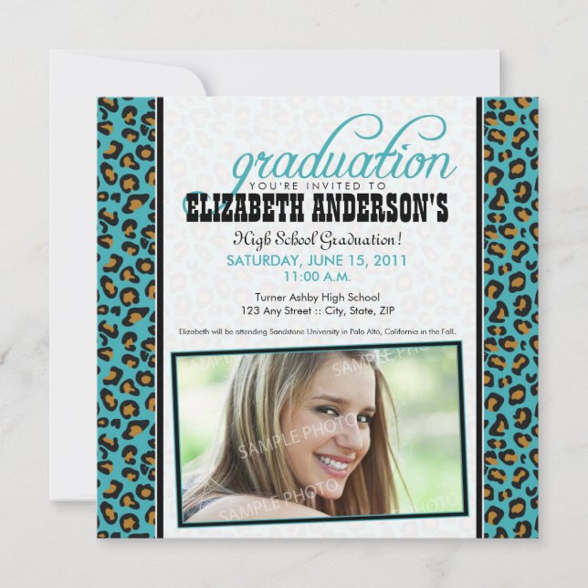 Leopard Print Graduation Announcement (aqua) (Front)