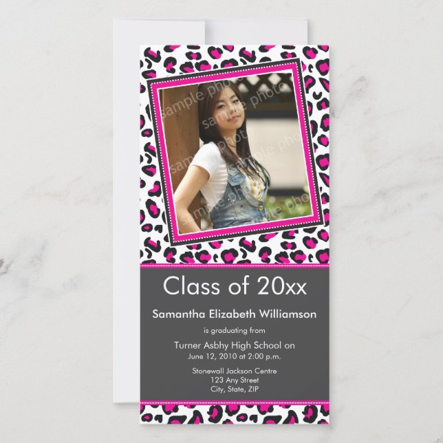 Leopard Print Graduation Photo Announcement (pink) (Front)