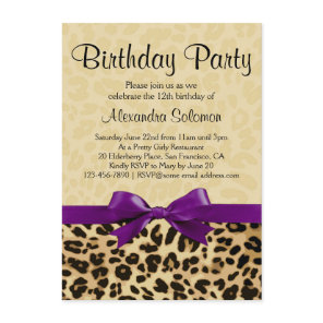 Leopard Print Grape Purple Bow Girl Birthday Party Invitation