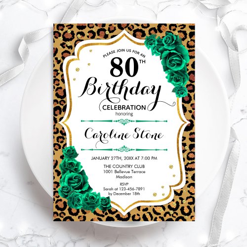 Leopard Print Green Gold 80th Birthday Invitation