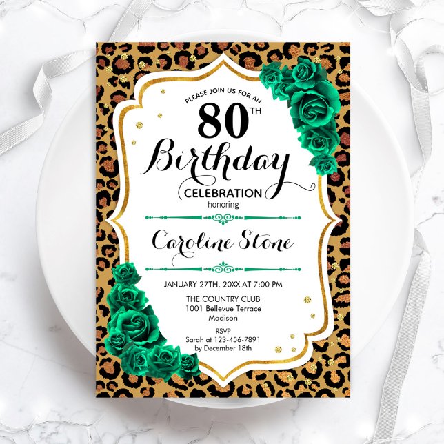 Leopard Print Green Gold 80th Birthday Invitation (Creator Uploaded)