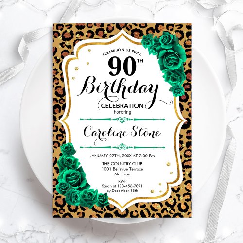 Leopard Print Green Gold Elegant 90th Birthday Invitation