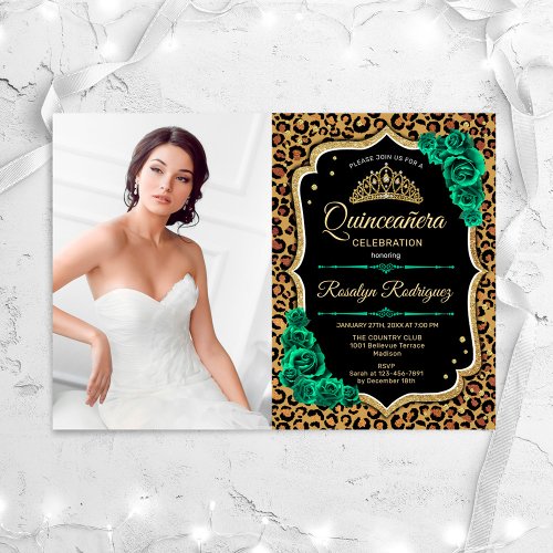 Leopard Print Green Gold Elegant Photo Quinceanera Invitation