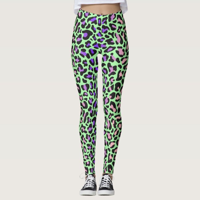 Leopard Print Green Purple Pink Black Leggings (Front)