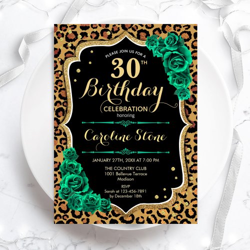 Leopard Print Green Roses 30th Birthday Invitation