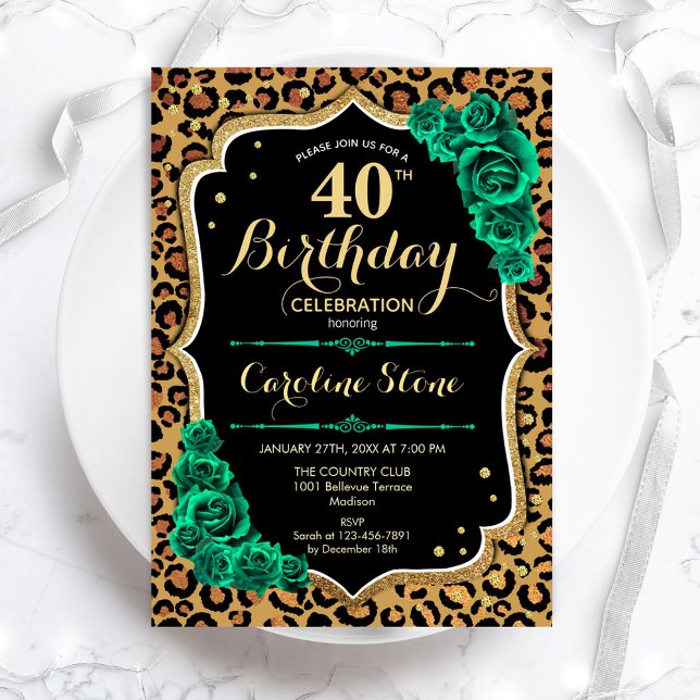 Leopard Print Green Roses 40th Birthday Invitation (Creator Uploaded)