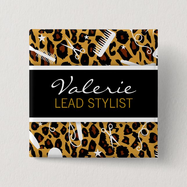 Leopard Print Hair Salon Name Badge Button (Front)