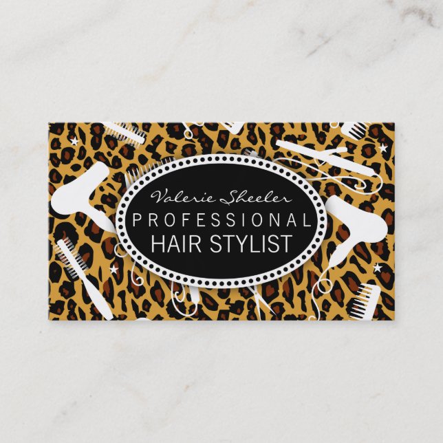 Leopard Print Hair Salon Tools Business Card (Front)