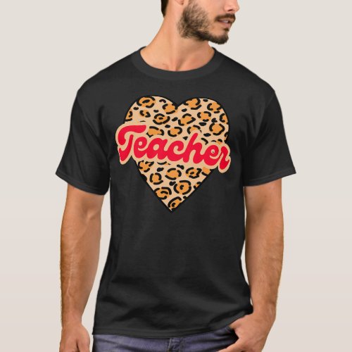 Leopard Print Heart Teacher Valentines Day T_Shirt
