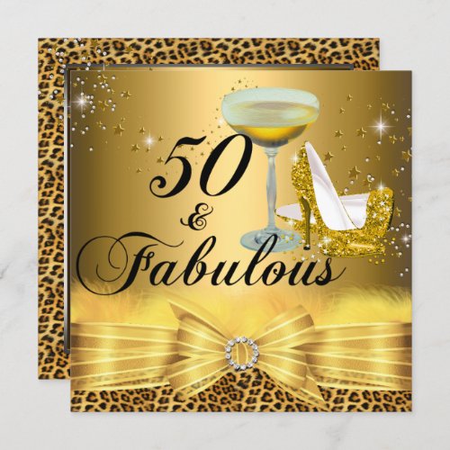 Leopard Print Heels 50 Fabulous Gold Party Invitation