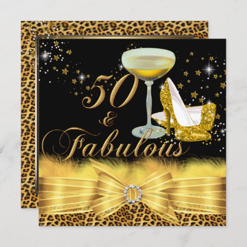 Leopard Print  Heels Gold 50  Fabulous Birthday Invitation