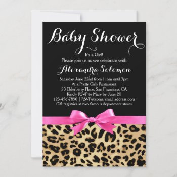 Leopard Print Hot Pink Bow Girl Baby Shower Invitation by CustomInvites at Zazzle