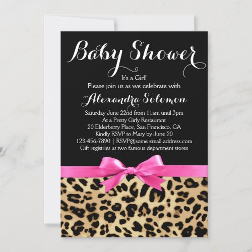 Leopard Print Hot Pink Bow Girl Baby Shower Invitation