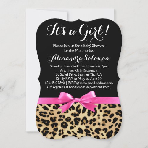 Leopard Print Hot Pink Bow Its a Girl Baby Shower Invitation