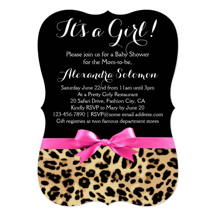 Leopard Print Hot Pink Bow Its A Girl Baby Shower Invitation Zazzle