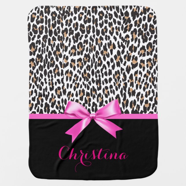 Leopard Print & Hot Pink Bowknot Personalized Receiving Blanket (Front)