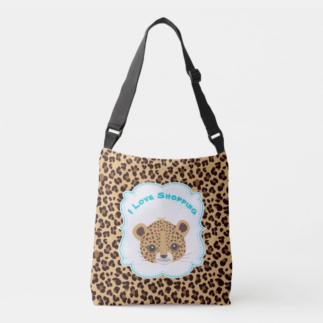 Leopard Print 'I Love Shopping' Crossbody Bag (Front)