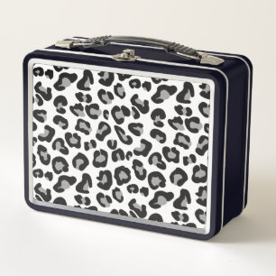 Leopard Print in Black and White with Gray / Grey  Metal Lunch Box