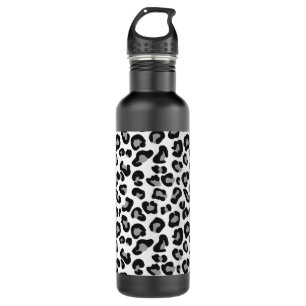 Leopard Print in Black and White with Gray / Grey Stainless Steel Water Bottle