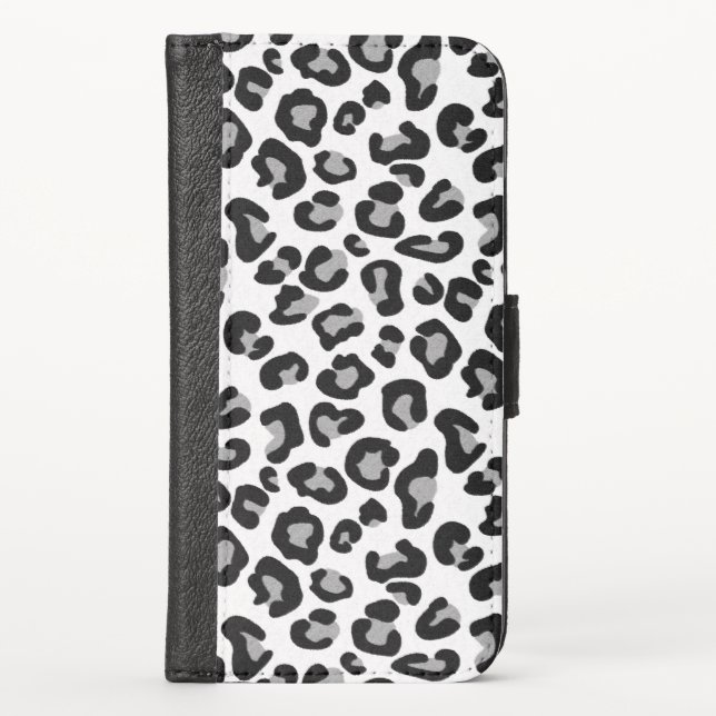 Leopard Print in Black and White with Gray iPhone Wallet Case (Front)