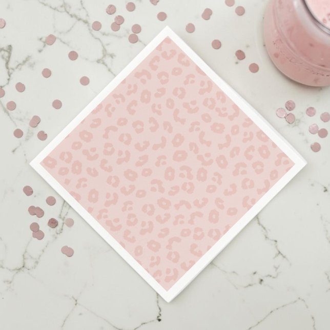 Leopard Print in Pink Paper Napkins (A pink leopard print napkin on a white marble countertop with muted pink confetti and a pink drink.)