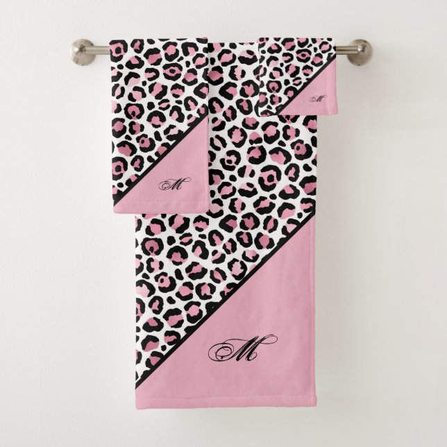 Leopard Print in Pink White & Black with Monogram Bath Towel Set (Insitu)