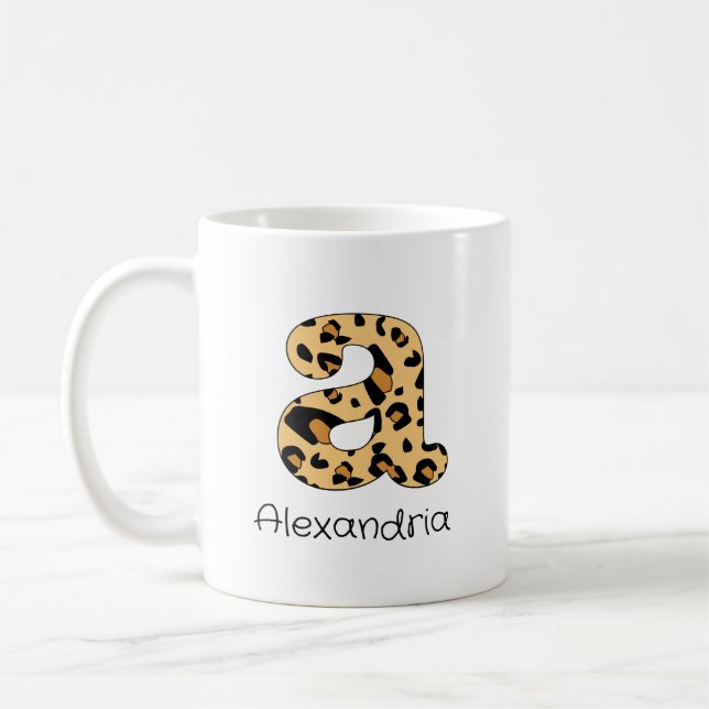 Leopard Print Initial a Lowercase and Name Coffee Mug (Left)