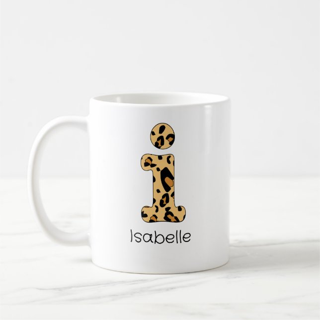 Leopard Print Initial i Lowercase and Name Coffee Mug (Left)