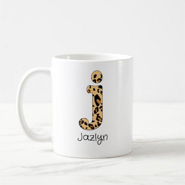 Leopard Print Initial j Lowercase and Name Coffee Mug (Left)