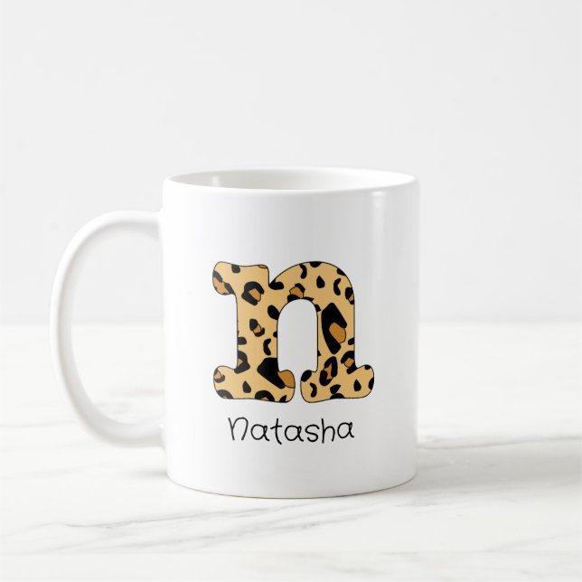 Leopard Print Initial n Lowercase and Name Coffee Mug (Left)