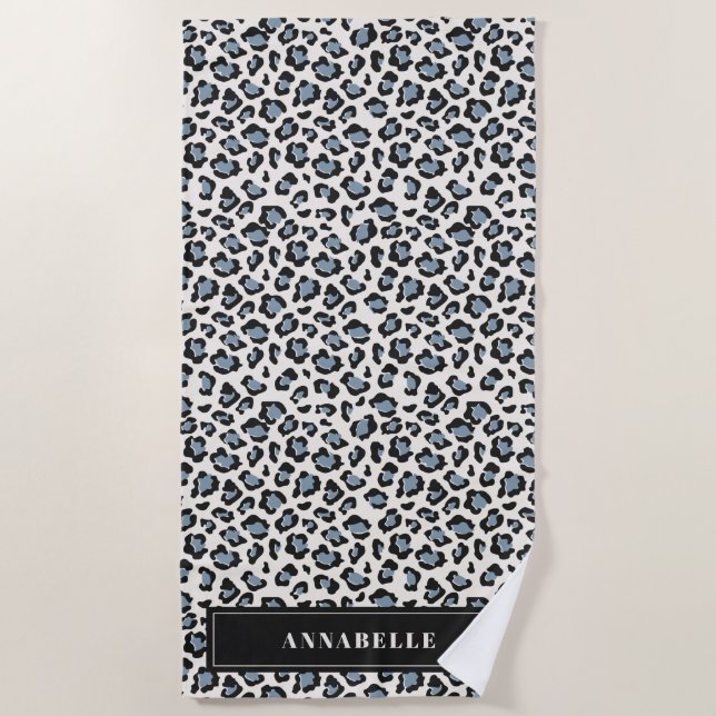 Leopard print initial typography blue modern beach towel (Front)
