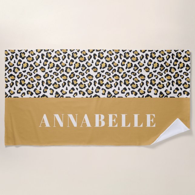 Leopard print initial typography bold modern gold beach towel (Front)