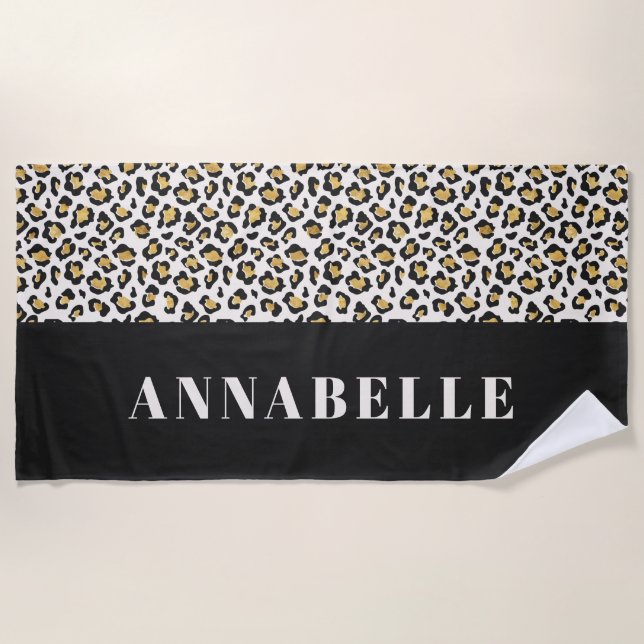 Leopard print initial typography bold modern gold beach towel (Front)